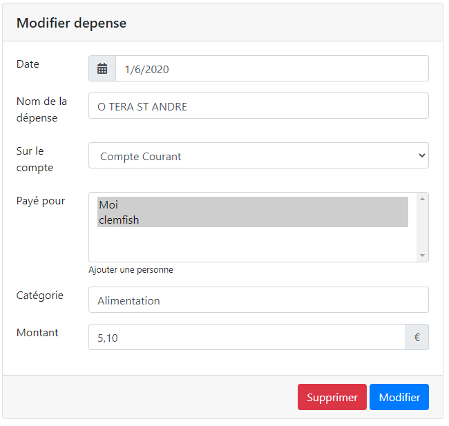 Modifier une dépense